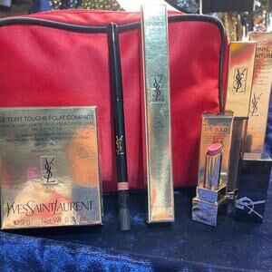 YSL Make 5 piece makeup Bundle Lipstick, pressed powder, lip liner and Mascara